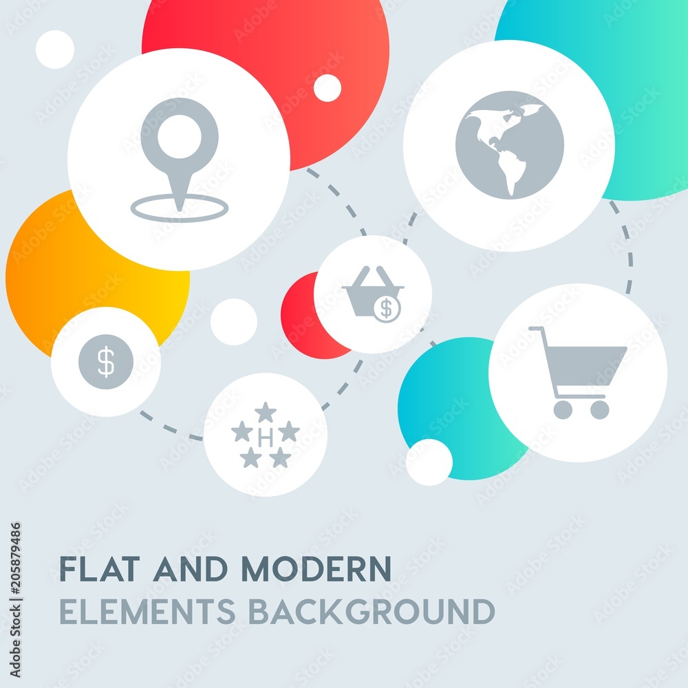 Poster hotel, location, shopping fill vector icons and elements background with circle bubbles networks.mul
