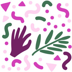 Abstract pattern with a hand and a leaf in pink colors.