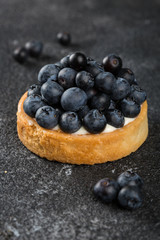 Delicious blueberry tart on black background