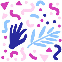 Abstract pattern with a hand and a leaf in pink/blue colors.