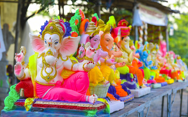 Ganesh Chaturthi also know as Vinayaka Chaturthi is the Hindu festival, God Ganesha Statue Made of Clay And Coated with Ceramic Colors, Handmade Artistic Effects, Beautiful Artifacts