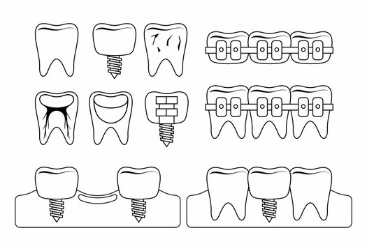 Dental tooth icons. thin line style. isolated on white background