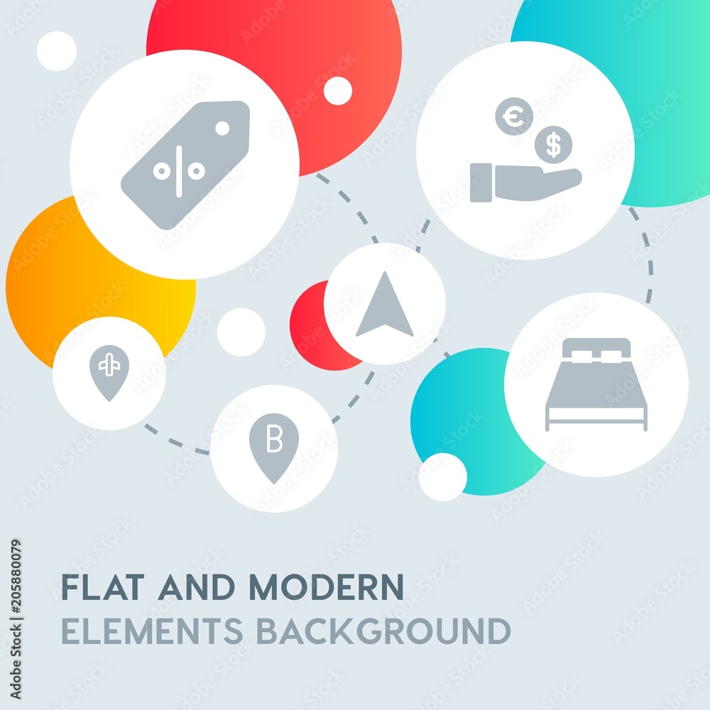 Poster hotel, location, shopping fill vector icons and elements background with circle bubbles networks.mul
