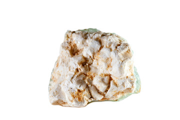 Macro shooting of natural gemstone. The raw mineral is prehnite. Isolated object on a white...