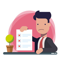 Survey or exam form paper sheet in hand of businessman, answered quiz checklist and failure result assessment. Sad person showing questionnaire document. Flat cartoon clipart image isolated.