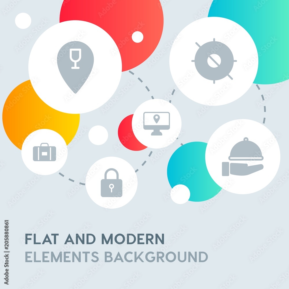 Poster hotel, location, shopping fill vector icons and elements background with circle bubbles networks.mul