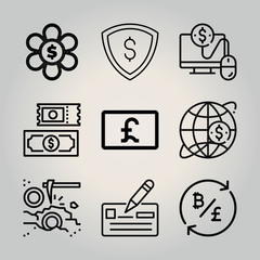 Outline money 9 vector icons set. 9 icons page symbol for your web site design. logo, app, ui, illustration, eps10
