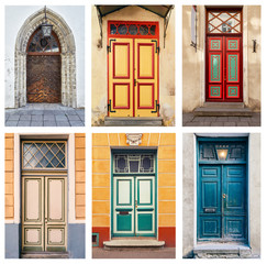 Fototapeta na wymiar Composed collage of photos with various beautiful doors of Tallin city representing old architecture of Estonia.