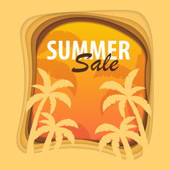 Summer Time banner with palms. Paper cut and craft style. Vector illustration