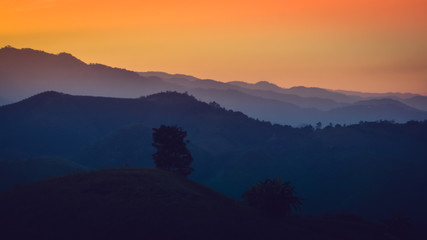 Obraz premium Landscape of forest mountains on sunset