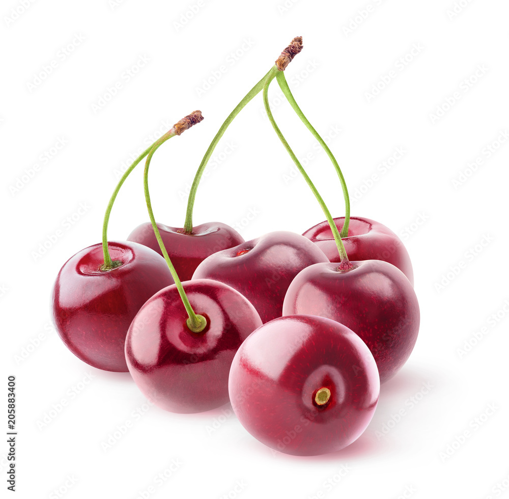 Poster isolated cherries. pile of sweet cherry fruits with curved stems isolated on white background with c