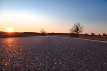 Asphalt road close-up against a background of trees and a beautiful orange sunset in the spring