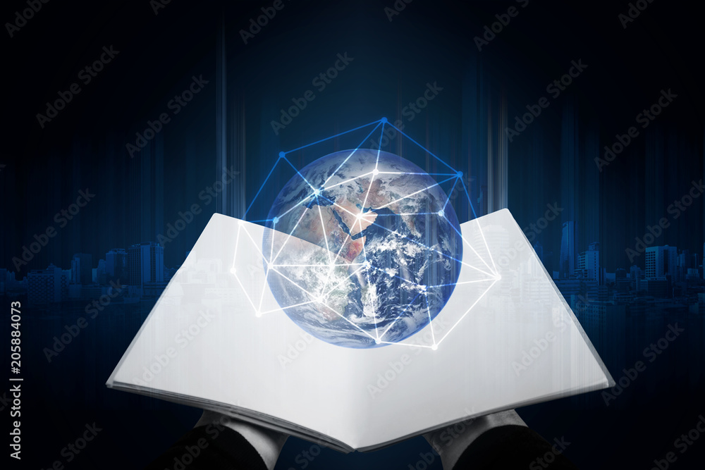 Poster hand opened book and global with network connection. elements of this image are furnished by nasa