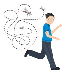 man runs away from mosquitoes