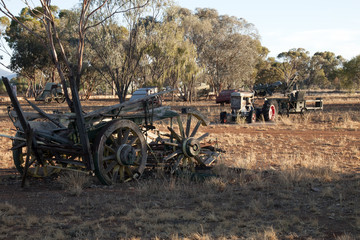 Quorn South Australia, field of obsolete farming equipment left to rust in the afternoon light