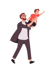 Bearded man carrying young boy. Smiling dad holding son. Joyful father playing with his little kid. Happy family. Cute cartoon characters isolated on white background. Colorful vector illustration.