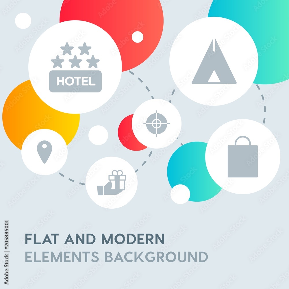 Poster hotel, location, shopping fill vector icons and elements background with circle bubbles networks.mul
