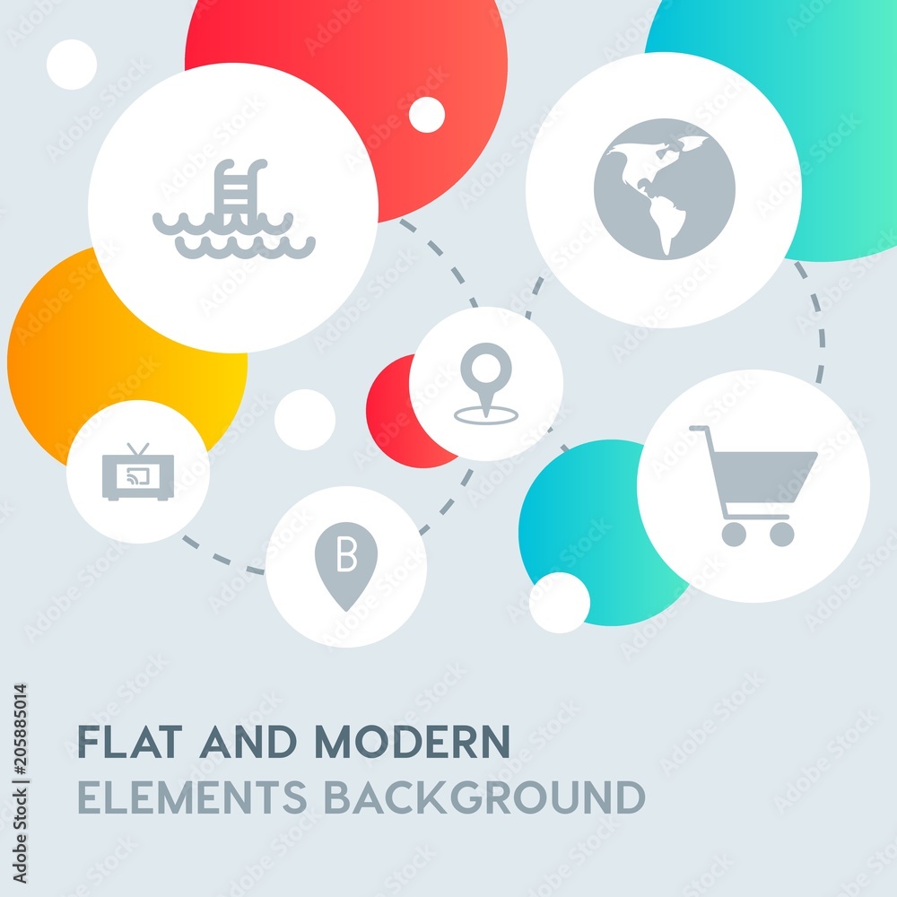 Poster hotel, location, shopping fill vector icons and elements background with circle bubbles networks.mul