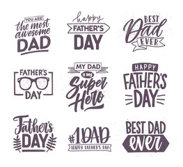 Collection of Father's Day letterings handwritten with elegant fonts and decorated with festive elements. Bundle of holiday inscriptions isolated on white background. Monochrome vector illustration.