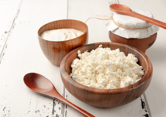 Dairy products milk cottage cheese, sour cream, copy space, background.