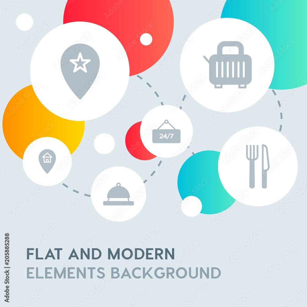 Poster hotel, location, shopping fill vector icons and elements background with circle bubbles networks.mul