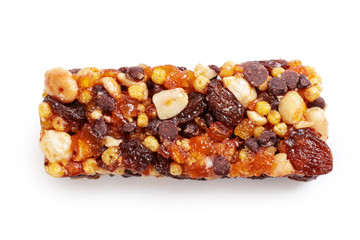 Healthy granola munchies on white background