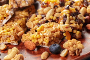 Granola bar on wooden background