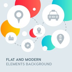 hotel, location, shopping fill vector icons and elements background with circle bubbles networks.Multipurpose use on websites, presentations, brochures and more