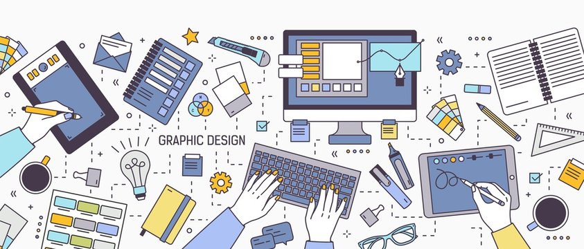 Horizontal banner with hands of designer working on computer or drawing on tablet surrounded by office supplies and art tools. Graphic design. Colorful vector illustration in modern line art style.