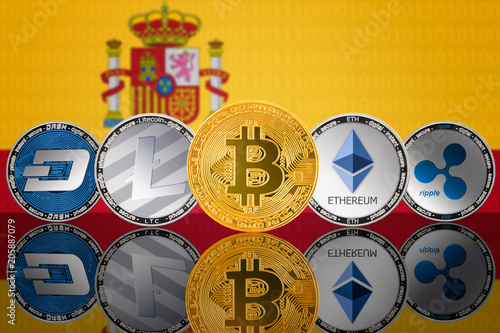 Cryptocurrency Coins On The Background Of The Flag Of Spain - 