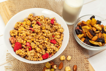 Food background of fresh baked homemade granola in bowl