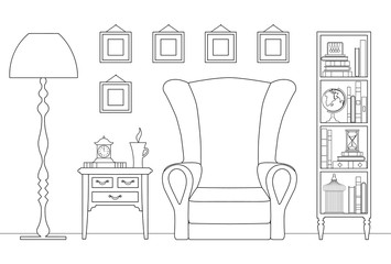 Outline interior. Vector linear illustration. Room with furniture and decor.
