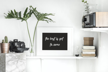 Home interior with mock up frame , cacti, vintage radio, photo camera, books and modern leafs....