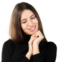 Fototapeta premium Young thoughtful woman daydreaming isolated on white background