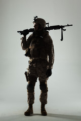 Soldier in camouflage holding rifle
