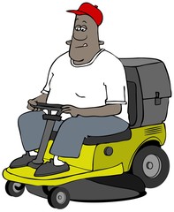 Illustration of a black man riding on a yellow riding lawnmower cutting grass.