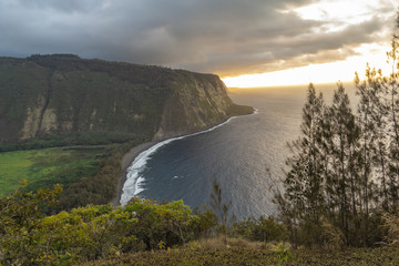 Waipio valley from clifftop at sunset, Big Island, Hawaii