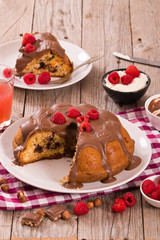 Chocolate cake with raspberries. 