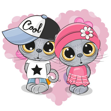 Kittens boy and girl on a heart background