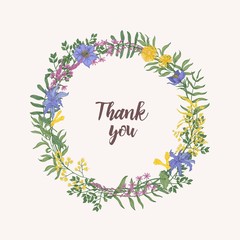 Fototapeta premium Thank You lettering written with cursive font inside round floral decorative frame or wreath consisted of wild blooming flowers and flowering meadow herbs on white background