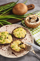 Grilled and stuffed with cheese and leek mushrooms.