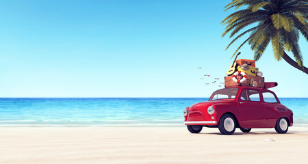 Car with luggage on the roof on the beach ready for summer vacation 3D Rendering