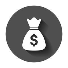 Money bag vector icon in flat style. Moneybag with dollar sign illustration with long shadow. Money cash sack concept.