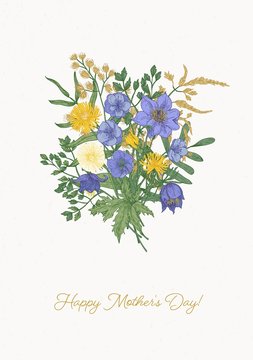 Beautiful bouquet or bunch of purple and yellow meadow blooming flowers and wild flowering plants on white background. Gorgeous floral decoration or seasonal gift. Natural vector illustration.