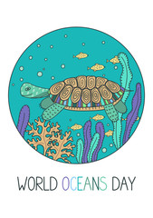 World Oceans Day. Cute turtle and fish in the sea in circle. Underwater world vector illustration.