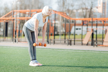 Obraz premium My perfect day. Concentrated slim woman holding hand weights while exercising in the open air