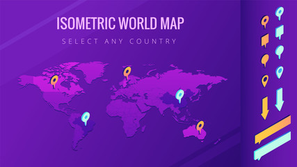World map isometric vector illustration. The world map with pins, arrows and bubbles. Country select and allocation concept. Design for infographic template. 3d illustration on ultraviolet background.