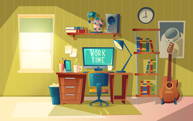 Vector cartoon illustration of empty home office, modern interior with furniture. Computer, books and coffee cup on table. Workplace concept, cozy room for freelance job or education