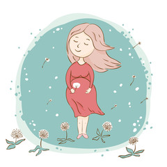 Pregnant woman with dandelions. Happiness and wind. On a blue background