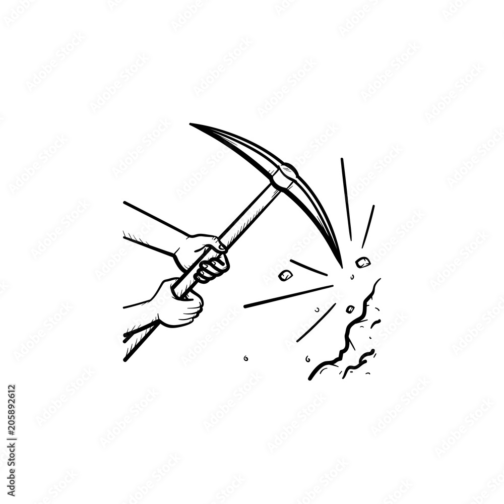 Poster pickaxe chisel hand drawn outline doodle icon. hands with pick as mining industry concept vector ske